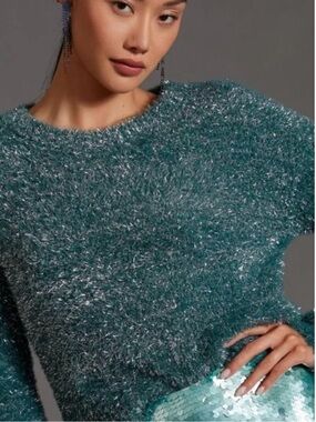 Maeve Anthropologie Eyelash Tinsel Pullover Sweater in green and silver